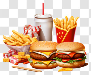 Fast Food - Delicious Fast Food Meal With Burgers And Fries Transparent PNG