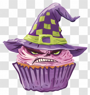 Halloween Cupcake - Angry Cupcake With Witch Hat For Halloween Transparent PNG