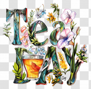 International Tea Day - Floral Tea Day Text With Cup Transparent PNG