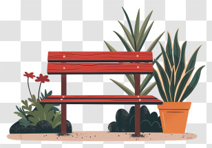Garden Bench - Red Bench With Plants Decoration Illustration Transparent PNG
