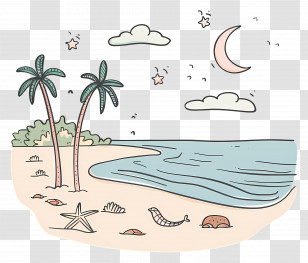 Tranquil Beach - Cute Beach Doodle With Palm Trees Transparent PNG
