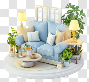 Living Room - Cozy Blue Sofa With Cushions And Lamps Transparent PNG