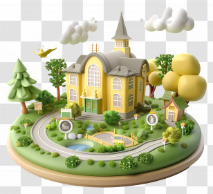 Cartoon School - Miniature Yellow House With Garden Scene Transparent PNG
