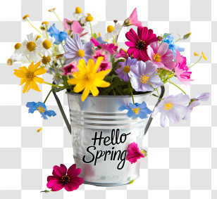 Hello Spring - Bucket Of Colorful Spring Flowers Transparent PNG