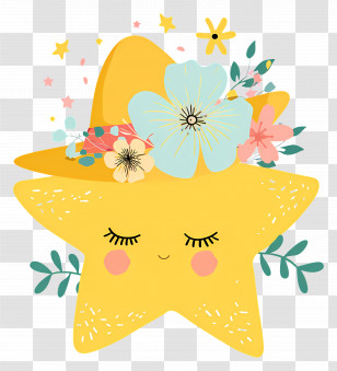 Kawaii Star - Yellow Star With Floral Hat Transparent PNG