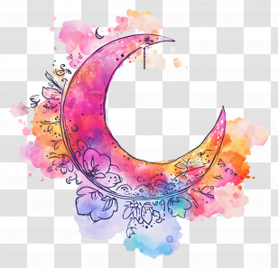 Karva Chauth - Watercolor Crescent Moon With Floral Design Transparent PNG