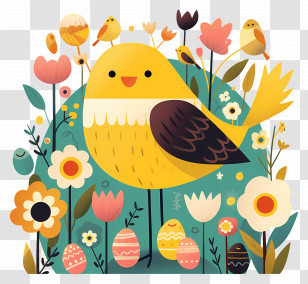 Springtime - Yellow Bird With Flowers And Eggs Transparent PNG