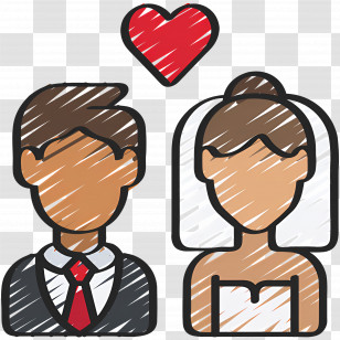 Wedding Couple - Bride And Groom Illustration With Heart Transparent PNG