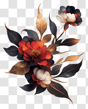 Peony Art - Red And Black Flowers With Leaves Transparent PNG