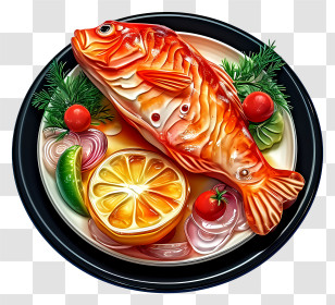 Realistic 3d Fish Dish - Fish With Vegetables And Lemon Transparent PNG