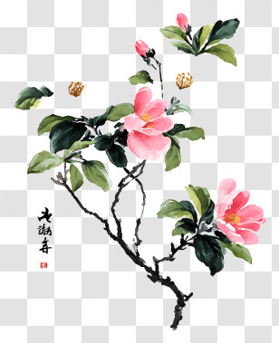 Flowers Ink Painting - Pink Blossoms On A Branch Transparent PNG