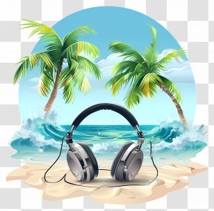 Beach Tunes - Headphones On A Scenic Tropical Beach Illustration Transparent PNG