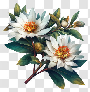 Fantasy Flower Art - White Flowers With Green Leaves Transparent PNG