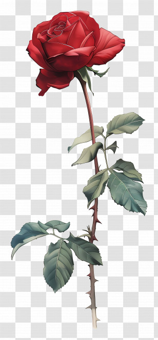 Long Stem Red Rose - Artistic Deep Red Rose With Thorny Stem Transparent PNG