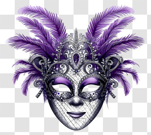 Doodle Style Carnival Mask - Purple Feathered Carnival Mask Transparent PNG