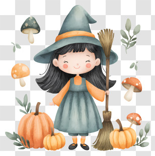 Little Witch With Broom - Cute Witch With Pumpkins And Broom Transparent PNG