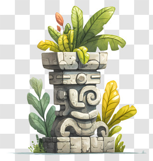 Botanical Stone Statue - Ancient Stone Pillar With Plants Transparent PNG