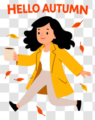 Hello Autumn - Woman Enjoying Coffee With Autumn Leaves Transparent PNG