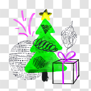 Christmas Tree - Christmas Tree Doodle Art With Ornaments And Gifts Transparent PNG