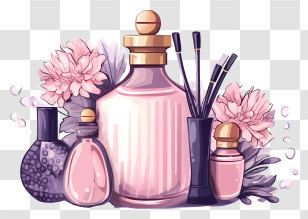 Pink Perfume Bottle - Elegant Perfume Bottles And Flowers Transparent PNG