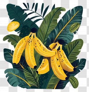 Banana - Tropical Bananas With Leaves Transparent PNG