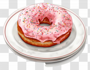 Donut - Pink Glazed Donut With Sprinkles On A Plate Transparent PNG