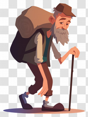 Homeless People - Cartoon Old Man With Walking Stick And Backpack Transparent PNG