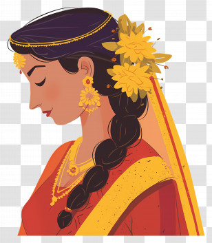 Indian Bride - Profile Illustration Of Woman With Floral Braid Hairstyle Transparent PNG