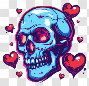 Blue Skull With Hearts - Vibrant Blue Skull Surrounded By Hearts Artwork Transparent PNG