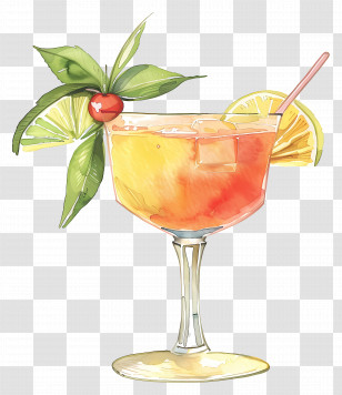 Cocktail - Tropical Cocktail Glass With Lime And Cherry Garnish Transparent PNG