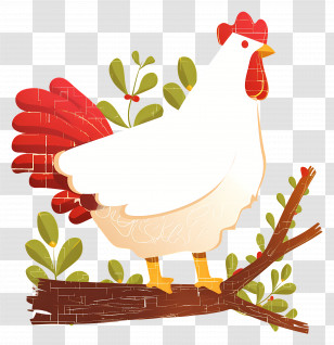 Cartoon Rooster - White Chicken Perched On A Branch With Leaves Transparent PNG