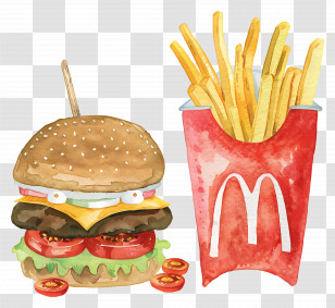Fast Food - Watercolor Illustration Of Burger And Fries Transparent PNG