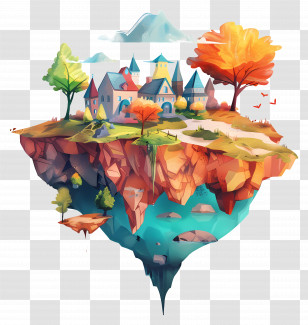 Floating Island - Fantasy Floating Island Village With Bright Colors Transparent PNG
