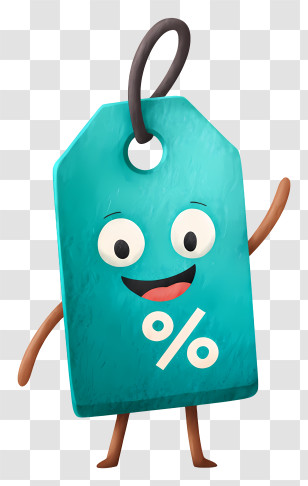 Teal Discount Price Tag - Happy Blue Discount Tag Mascot Transparent PNG