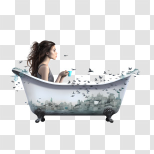 Bathtub Party Day - Woman Relaxing In Bathtub With Cityscape Transparent PNG