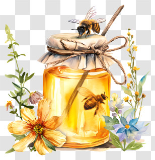 Honey Glass Jar - Honey Jar With Bee And Colorful Flowers Transparent PNG