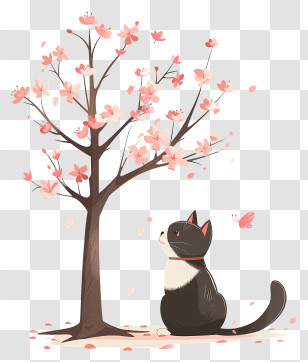 Cute Cat Under Tree - Cat Under A Cherry Blossom Tree Illustration Transparent PNG