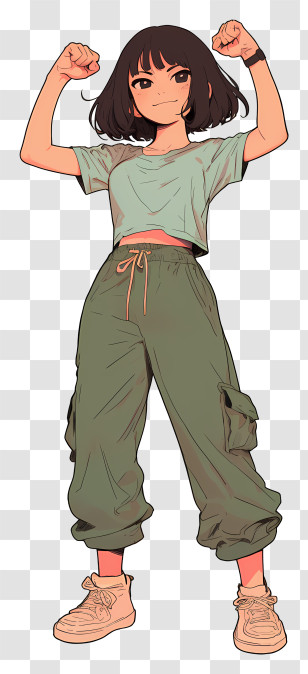 Girl With Raised Fist - Girl In Green Pants And Crop Top Transparent PNG