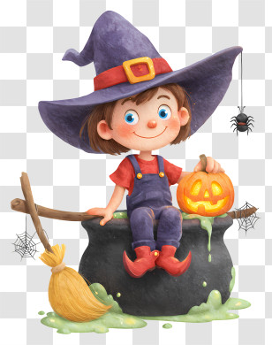 Cartoon Witch Girl - Cute Little Witch On Cauldron Transparent PNG