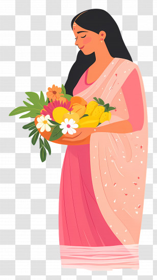 Chhath Puja - Traditional Woman Holding Fruits And Flowers Transparent PNG