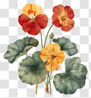 Vintage Flowers - Elegant Nasturtium Flowers With Green Leaves Transparent PNG
