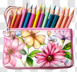 Pencil Pouch - Colorful Pencils In Floral Pencil Case Transparent PNG
