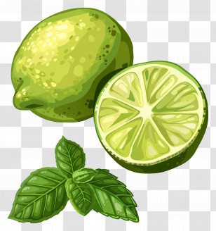 Green Lemon - Lime Fruit And Mint Leaf Illustration Transparent PNG