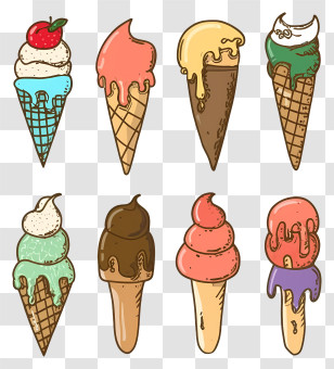 Ice Cream Cones - Assorted Hand-Drawn Ice Cream Cones Transparent PNG