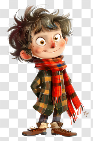 Tartan Day - Cartoon Boy In Plaid Coat And Red Scarf Transparent PNG