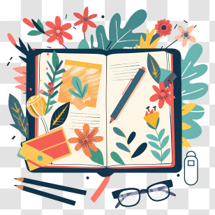Cartoon Notebook - Artistic Open Diary With Floral Designs Transparent PNG