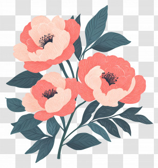 Peonies Bouquet - Artistic Pink And Red Peonies With Leaves Transparent PNG