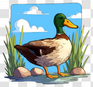 Cartoon Duck - Colorful Mallard Duck Illustration By The Pond Transparent PNG