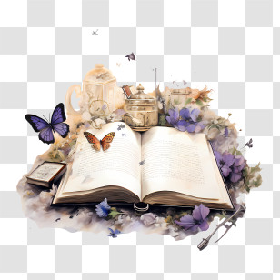 Dear Diary Day - Open Book With Butterflies And Flowers Transparent PNG