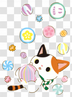 Kabukinyantaro - Playful Cartoon Cat With Colorful Balls Transparent PNG